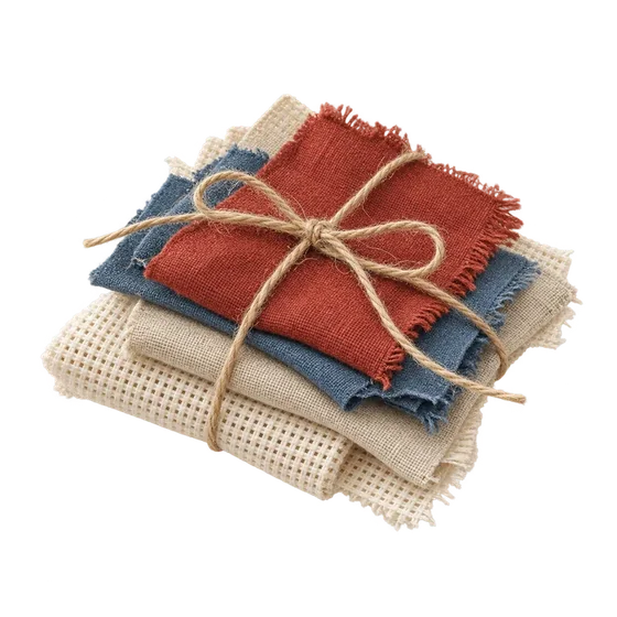Ein kleiner Stapel roter, blauer und leinenfarbener Stoffreste, mit Schnur zusammengebunden.