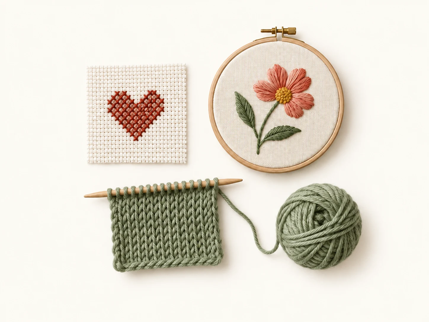 A cross-stitch heart, a hand-embroidered flower and a knitted swatch.