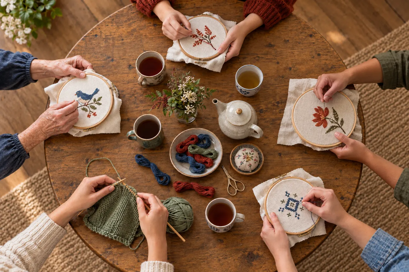 Five people's hands working at one round table: cross stitch, embroidery and knitting, with tea and thread in the middle.