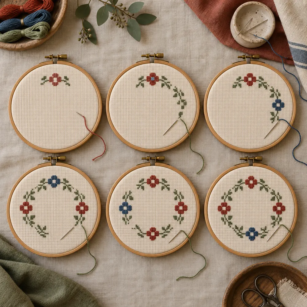 Six hoops with the same small wreath pattern, each at a different stage, from just started to almost finished.