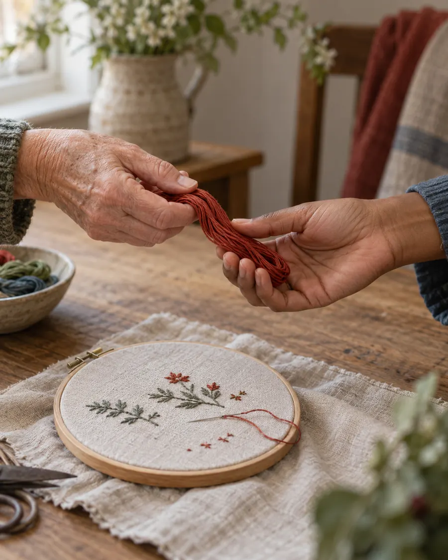 One hand passes a skein of red embroidery thread to another.